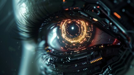 Aufkleber - Futuristic cybernetic eye with a glowing iris and intricate circuitry details, set against a dark, clean background