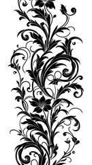 an intricate and elegant black floral vine pattern on a white background, featuring swirling leaves 