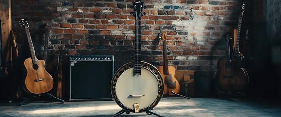 A banjo in front of an amplifier and brick wall with an acoustic guitar and bass guitar behind it.