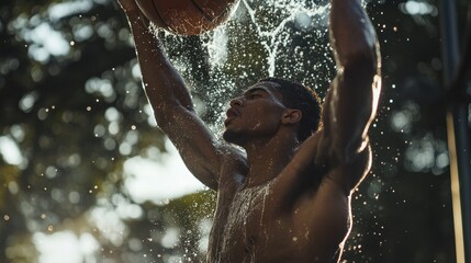 Poster - A muscular athlete performs a dynamic basketball move under a water spray, showcasing strength.