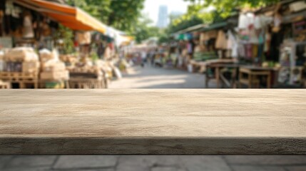 Wall Mural - A blurred market scene with a wooden tabletop in the foreground.