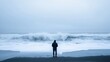 © AiAbstract - Solitude and Contemplation: Person Standing Alone on Beach Watching Waves with Emotional Expression