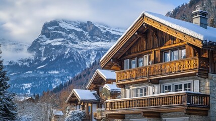 A picturesque winter scene featuring a wooden chalet surrounded by snow-covered mountains.