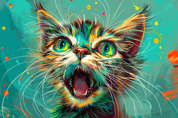  A colorful cat with green eyes and a big smile