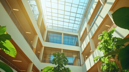 Sticker - A modern atrium with glass roof and lush greenery, showcasing a bright, open space.