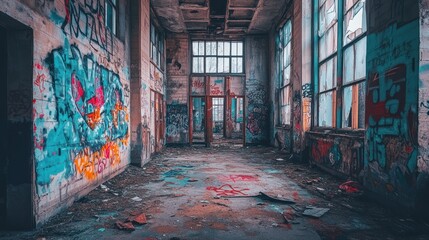 Canvas Print - An abandoned room filled with graffiti and debris, showcasing urban decay and creativity.