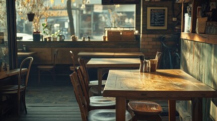 A cozy, sunlit café interior with wooden tables and chairs, creating a warm atmosphere.