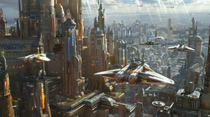 Canvas Print - Futuristic Cityscape with Flying Vehicles