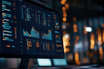 Fototapete - A computer screen displaying data analytics and financial graphs in a modern office with bokeh lights in the background.
