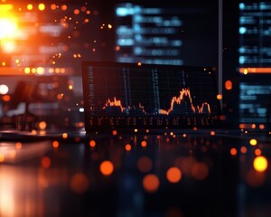 Poster - A computer screen displays data analytics and financial charts in a dim, tech-savvy environment, illuminated by vivid, glowing lights.