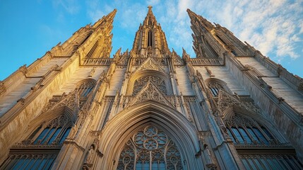 Canvas Print - A majestic cathedral with intricate architecture and towering spires against a blue sky.