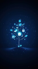 Aufkleber - A glowing digital tree with icons representing technology, security, and communication against a dark background. Futuristic and innovative concept.