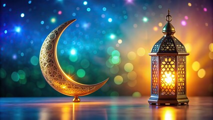 Ramadan lantern and crescent moon cutout on colorful background, lantern, Islamic, celebration, decoration, crescent moon