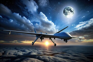 Military drone flying in dark sky at night, aerial, military, unmanned, reconnaissance, surveillance