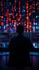 Poster - A person analyzing data on multiple computer screens in a dark room, surrounded by glowing lights representing data flow and technology.