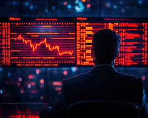 Poster - Businessman analyzing stock market data on multiple screens in a dark room, showing financial information and stock trends in red.