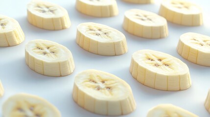 Multiple freshly sliced banana pieces arranged in a neat grid pattern on a white background, showcasing the natural texture and details.