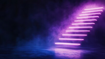 Poster - Futuristic neon pink staircase with glowing lights in a dark room, creating a mesmerizing, sci-fi and surreal atmosphere.