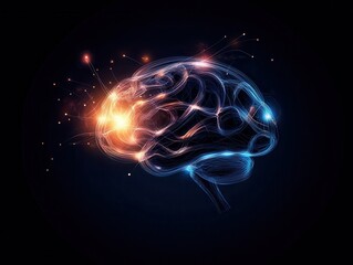 Fototapete - Glowing brain with electric lights, neural connections, and colorful energy on a black background, symbolizing intelligence and technology.