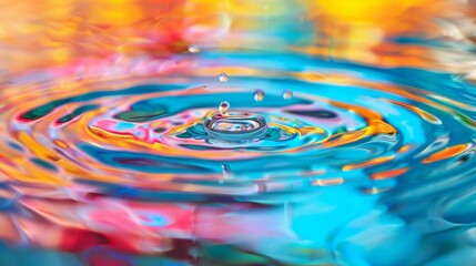 Poster - Macro photo of water ripples on a surface with dynamic, vibrant colors reflecting an energetic and vivid scene