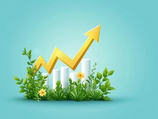 Poster - Growing bar chart with yellow arrow symbolizing economic growth surrounded by green plants, flowers, on blue background.