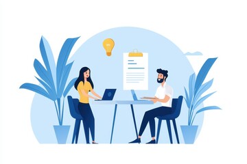 Aufkleber - Illustration of two people collaborating in a modern office setting with plants and a clipboard, symbolizing teamwork and creativity.