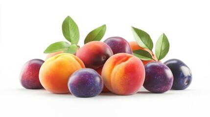 Fresh apricots and plums with green leaves isolated on white background. Perfect seasonal fruits for healthy eating and lifestyle.