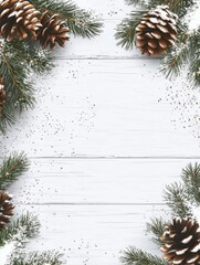 Wall Mural - winter background with space for text. wooden snowy white background with fir branches and pine cone