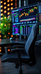 Poster - Modern office chair in front of a multi-screen setup displaying stock market charts with vibrant lights in the background.