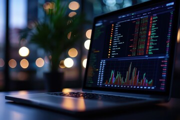 Poster - Open laptop displaying stock market data and financial graphs in a modern workspace with bokeh lights and a potted plant.