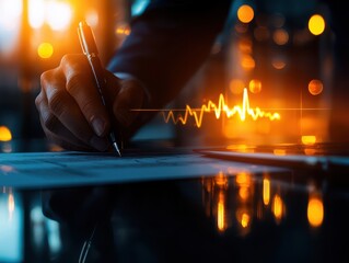 Poster - Person writing with pen, financial graph overlay, warm lighting. Business analysis, finance, technology concepts. Modern corporate setup.