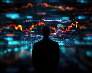 Poster - Silhouette of a man analyzing stock market data on a futuristic digital screen, displaying graphs and charts.