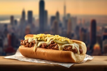 Savory hot dog with melted cheese, pickles, and beef topping in bun