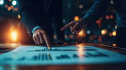 Aufkleber - Two business professionals discussing analytic data reports with charts and graphs, collaborating in modern office with warm lighting.