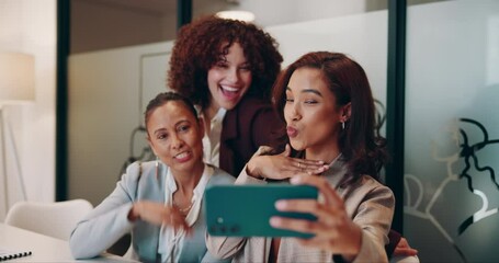 Wall Mural - Selfie, happy and business women in office with smile for social media, profile picture and networking. Friends, creative company and people take photo for about us website, update and online post