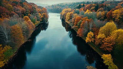 Wall Mural - Aerial view of vibrant autumn foliage along a serene river in a tranquil forest