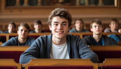 Joyful French male student in college lecture hall, engaged and ready for learning