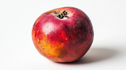 A close-up of a red and yellow apple on a white background.