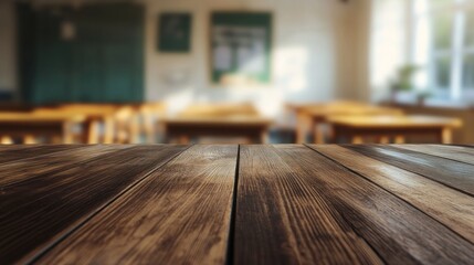 Wall Mural - A wooden table in a classroom setting with blurred desks in the background.