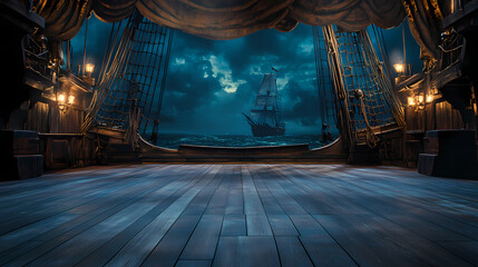 Wall Mural - Empty pirate ship deck background for theater stage scene. Pirate Ship. Illustration
