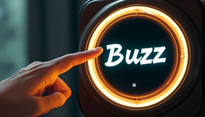 Wall Mural - Dynamic hand interaction with oversized buzzer button featuring bold Buzz lettering in a vibrant concept scene