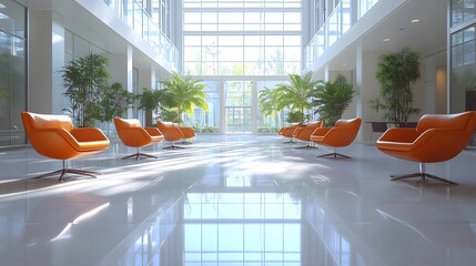 Contemporary business hall with natural light illuminating the floor and modern design elements creating an open, inviting atmosphere.