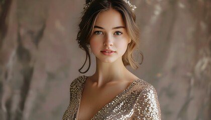 Glamorous portrait of a young woman in a shimmering sequined dress showcasing festive elegance and captivating beauty