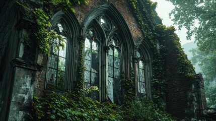 Poster - Overgrown gothic architecture with ivy and misty surroundings.