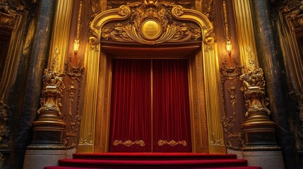 Wall Mural - A grand theater stage with red curtains and ornate golden decorations.