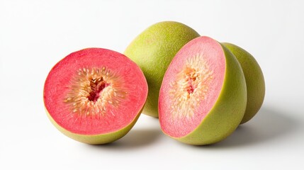 A cut guava fruit showcasing its vibrant pink interior and green exterior.