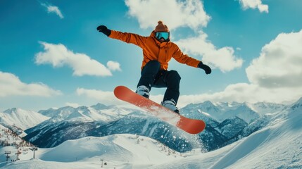 Canvas Print - A snowboarder performs a jump against a backdrop of mountains and blue skies.