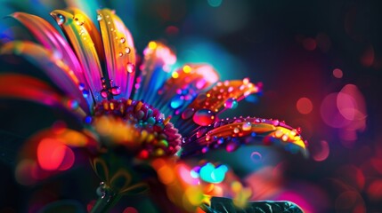 Poster - neon flower in rainbow colors glowing brightly close-up photo with clean background