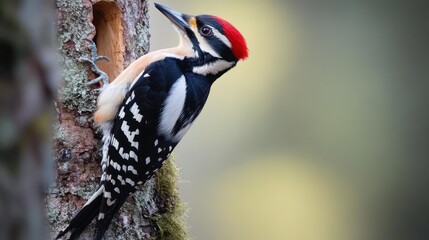 Woodpecker perched on tree trunk in natural habitat