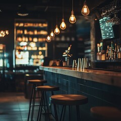 Wall Mural - A cozy bar interior with warm lighting and empty stools, inviting relaxation and socializing.